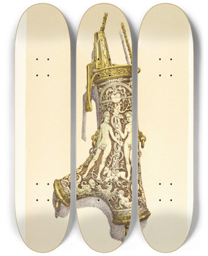 Triptych art skateboard deck of John Charles Robinson Powderflask In Stags Horn Mounted In Silver Gilt by John Charles Robinson (1824-1913)