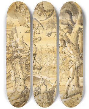 Triptych art skateboard deck of Caspar Menneler Den Hellige Sebastians Martyrium by Caspar Menneler
