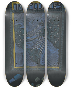 Triptych art skateboard deck of Winold Reiss Graphic Designs For Fortune Magazine Study For Cover With Telephone Lines At Different Locations On The Globe by Winold Reiss (1886-1953)
