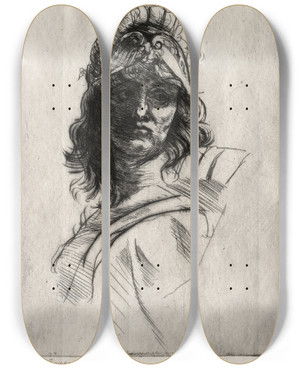 Triptych art skateboard deck of Auguste Rodin Bust Of Bellone by Auguste Rodin (1840-1917)