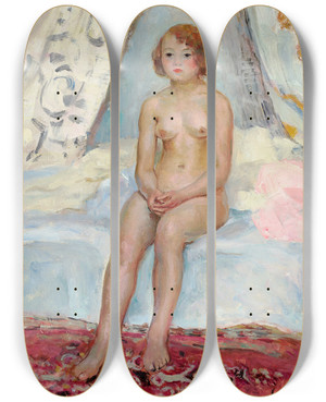 Triptych art skateboard deck of Henri Lebasque Nu Assis Dans Une Alcove by Henri Lebasque (1865-1937)
