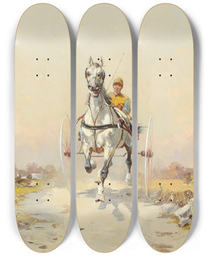 Triptych art skateboard deck of Alfred Steinacker Traber Im Training by Alfred Steinacker (1838-1914)