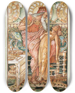 Triptych art skateboard deck of Walter Crane Midas Daughter Turned To Gold by Walter Crane (1845-1915)