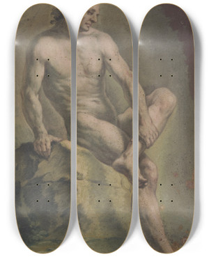 Triptych art skateboard deck of Josef Neher Akt Eines Auf Einem Stein Sitzenden Mannes Nach Rechts Blickend by Josef Neher