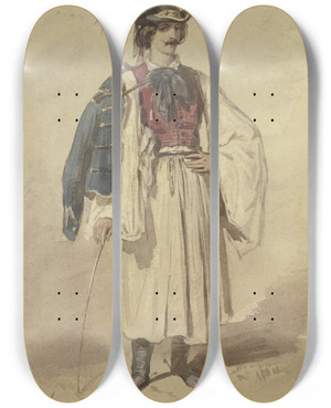Triptych art skateboard deck of Philipp Rumpf Serb In National Costume by Philipp Rumpf (1821-1896)