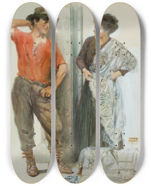 Triptych art skateboard deck of Arthur E Becher The Linen Salesman by Arthur E Becher (1877-1960)