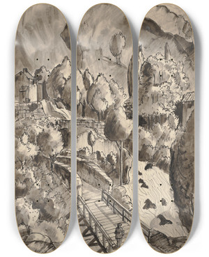 Triptych art skateboard deck of Hermann Lismann Saint Thomas Pyrnes by Hermann Lismann (1878-1943)
