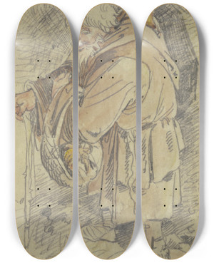 Triptych art skateboard deck of Wilhelm Busch A Monk by Wilhelm Busch (1832-1908)