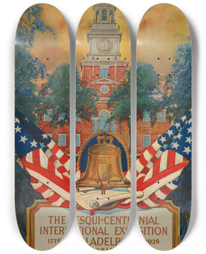 Triptych art skateboard deck of Dan Smith Sesquicentennial International Exposition_1 by Dan Smith (1835-1934)