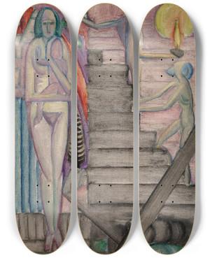 Triptych art skateboard deck of William Zorach Birth by William Zorach (1887-1966)