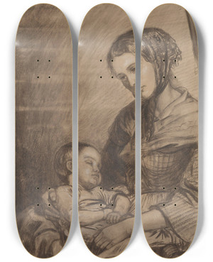 Triptych art skateboard deck of Adolph Tidemand Kvinne Med Sovende Barn by Adolph Tidemand (1814-1876)