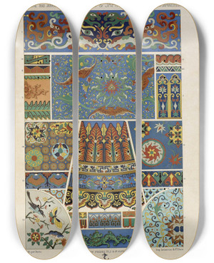 Triptych art skateboard deck of Auguste Racinet Chinois Et Japonais by Auguste Racinet (1825-1893)