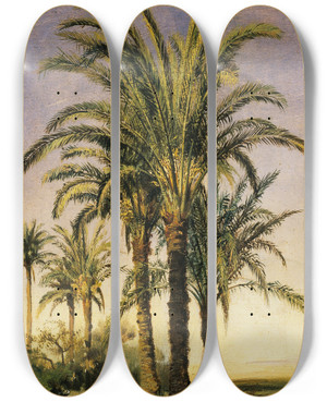 Triptych art skateboard deck of Prosper Marilhat Palm Trees by Prosper Marilhat (1811-1847)