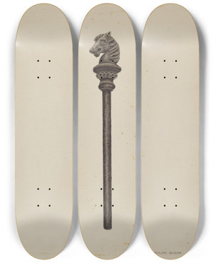 Triptych art skateboard deck of Hilda Olson Horse Head Hitching Post by Hilda Olson