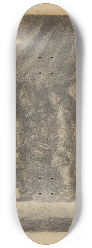 James Ensor - De beroemde Perzische geneesheren Iston, Pouffamatus, Cracozie en Transmouffe onderzoeken de stoelgang van koning Darius na de slag van Arabela 8.25 inch art skate deck
