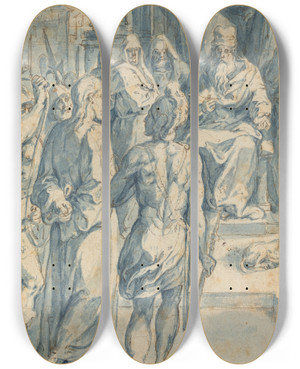 Triptych art skateboard deck of Crispijn Van Den Broeck Christ Before Caiaphas by Crispijn Van Den Broeck (1523-1591)