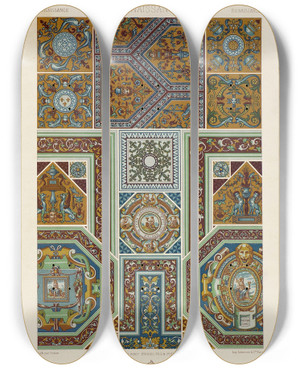 Triptych art skateboard deck of Auguste Racinet Renaissance 10 by Auguste Racinet (1825-1893)
