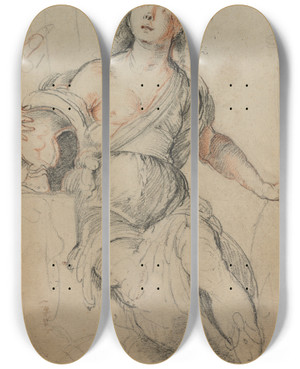 Triptych art skateboard deck of Bernardo Strozzi Allegorical Figure_1 by Bernardo Strozzi (1581-1644)
