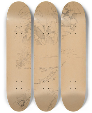 Triptych art skateboard deck of Johan Thomas Lundbye Blad Og Blomsterstudier by Johan Thomas Lundbye (1818-1848)