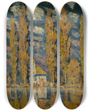 Triptych art skateboard deck of Ferdinand Katona Poplars By The Water by Ferdinand Katona (1864-1932)