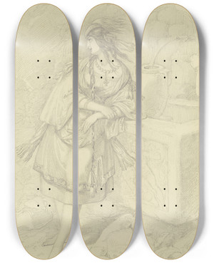 Triptych art skateboard deck of Ferdinand Fellner Exotisch Gekleidetes Mdchen An Einem Brunnen by Ferdinand Fellner (1799-1859)