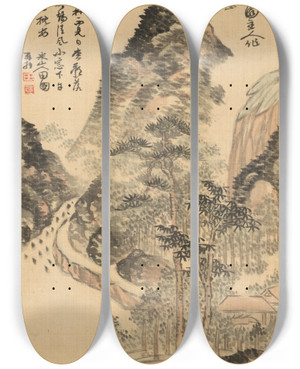 Triptych art skateboard deck of Okada Beisanjin Short Nap On A Long Summer Day by Okada Beisanjin (1744-1820)