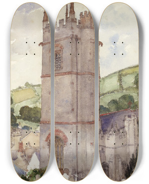 Triptych art skateboard deck of Cass Gilbert Church Tower Marldon by Cass Gilbert (1859-1934)