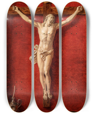 Triptych art skateboard deck of Prospero Mallerini Trompelil With A Crucifix by Prospero Mallerini (1761-1836)