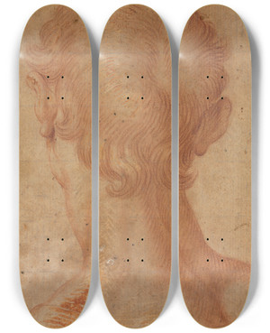Triptych art skateboard deck of Agnolo Bronzino Mans Head From The Back by Agnolo Bronzino (1503-1572)
