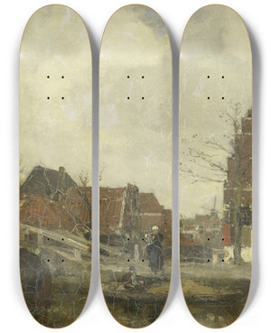 Triptych art skateboard deck of Jacob Maris Oud Buurtje Aan Het Water by Jacob Maris (1837-1899)