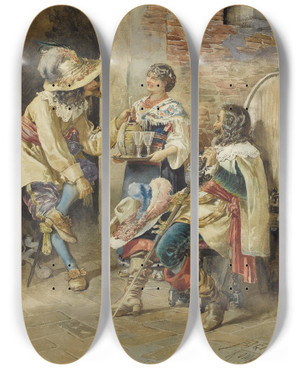 Triptych art skateboard deck of Belisario Gioia The Flirt by Belisario Gioja (1829-1906)