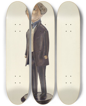 Triptych art skateboard deck of Frank Mcentee Carved Figure Possibly A Tailors Shop Sign by Frank Mcentee