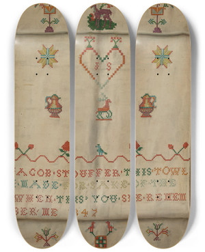 Triptych art skateboard deck of Frances Lichten Pa German Show Towel by Frances Lichten (1889-1961)