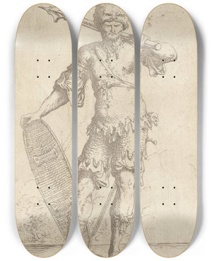 Triptych art skateboard deck of Salvator Rosa Soldier En Face Shouldering A Pike And Holding A Shield by Salvator Rosa (1615-1673)