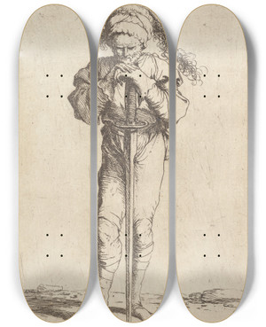 Triptych art skateboard deck of Salvator Rosa Soldier Holding A Long Sword With Both Hands by Salvator Rosa (1615-1673)