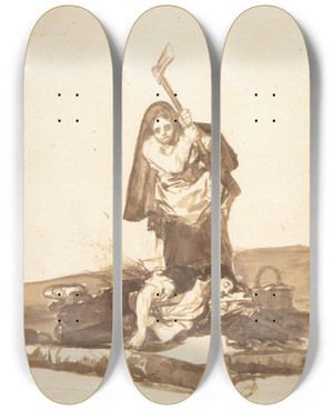 Triptych art skateboard deck of Francisco De Goya A Woman About To Attack A Sleeping Man With An Axe by Francisco de Goya (1746-1828)