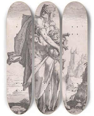 Triptych art skateboard deck of Jacob Matham Avarice by Jacob Matham (1571-1631)