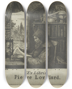 Triptych art skateboard deck of Ernest Haskell Ex Libris Pierre Lorillard by Ernest Haskell (1876-1925)