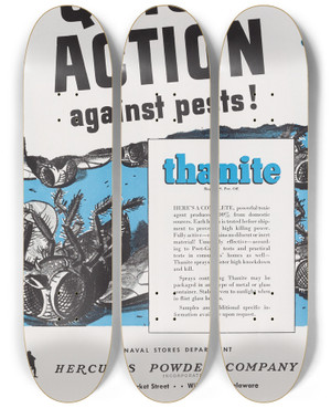 Triptych art skateboard deck of Hercules Incorporated Quick Action Against Pests by Hercules Incorporated (20-)