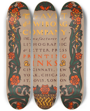 Triptych art skateboard deck of Will Bradley Ault And Wiborg Ad 129 by Will Bradley (1868-1962)