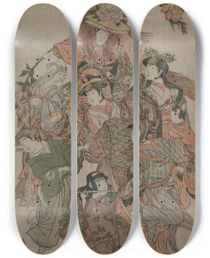 Triptych art skateboard deck of Katsukawa Shunei Iwai Hanshiro Iv In A Dance Of Seven Changes by Katsukawa Shunei (1762-1819)