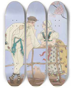 Triptych art skateboard deck of George Barbier Gentils Propos by George Barbier (1882-1932)