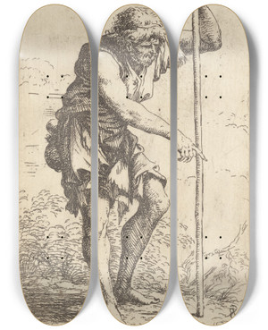 Triptych art skateboard deck of Salvator Rosa Peasant With Staff by Salvator Rosa (1615-1673)
