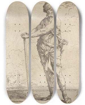 Triptych art skateboard deck of Salvator Rosa Soldier Standing Holding A Pike With Both Hands by Salvator Rosa (1615-1673)