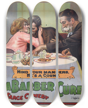 Triptych art skateboard deck of Otis Litho Co A Barber Cure by Otis Litho. Co. (19-20-)