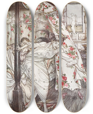Triptych art skateboard deck of Arthur Rackham Venus And The Cat by Arthur Rackham (1867-1939)