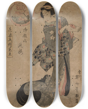Triptych art skateboard deck of Kikukawa Eizan Courtesan With Sake Cup And Scroll by Kikukawa Eizan (1787-1867)