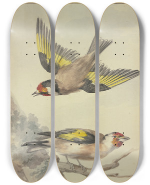 Triptych art skateboard deck of Aert Schouman Two Goldfinches by Aert Schouman (1710-1792)