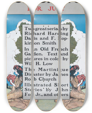 Triptych art skateboard deck of Ernest Haskell Scribners For July by Ernest Haskell (1876-1925)
