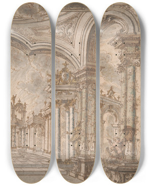 Triptych art skateboard deck of John Devoto An Architectural Fantasy by John Devoto